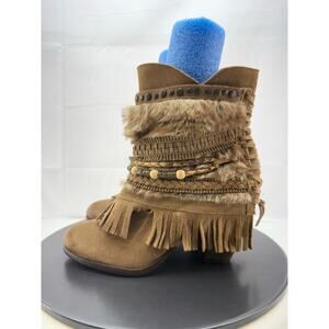 Naughty Monkey Womens Size 7 Brown Suede Fringe Stud Boho Faux Fur Ankle Boots